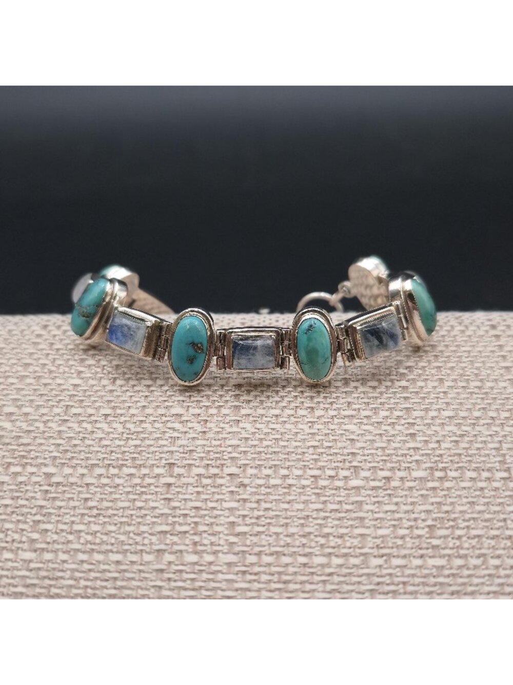 7.5 + 1 Inch Vintage Sterling Silver Turquoise And Moonstone Link Bracelet B1589